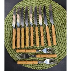 Vintage Bamboo Style Flatware Set 10 Knives & 4 Forks Retro Mid-Century Dining